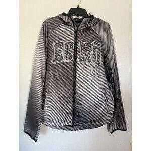 Ecko Unltd Hooded Silver Gray White Stripped Jacket Windbreaker Zipper Sz Medium